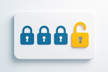 Poster - Blue digital security icons, including one open golden lock, represent unlocking potential in financial technology with modern simplicity.