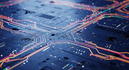 Poster - Close-up of a complex circuit board with glowing pathways, showcasing intricate electronic connections and a futuristic, technological design.