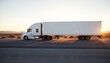 © Viktor - Long white semi truck drives on asphalt highway during sunset. Vehicle with trailer carries cargo. Empty space on truck provides mockup for logo or text. Business transport, logistics and delivery.