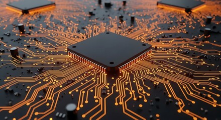 Poster - Close-up of a central computer chip connected by glowing pathways on a dark circuit board, showcasing technology and connectivity.