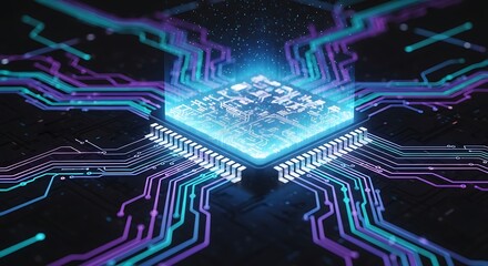 Poster - A luminous central microchip connects to a network of glowing, colorful circuit pathways, representing advanced technology and data flow.