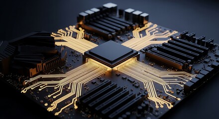 Poster - A close-up of a computer chip with glowing pathways connecting the central processor to surrounding components on a dark background.