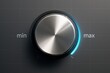 © Tanakorn - Sleek metallic knob, glowing cyan, turns towards 'max' on a textured gray surface suggesting precision control in a futuristic audio system.