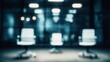© SHI - Blurred conference room background, empty chairs in foreground, atmospheric stage lighting,