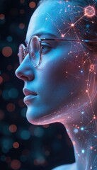 Fototapete - Profile of woman face wearing glasses, with digital network overlay on skin. Blue and pink lights create futuristic, AI, technology concept. Brain, mind, communication, information themes.