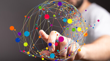 Poster - Abstract image of a network connection. Colorful dots and lines represent global connections.