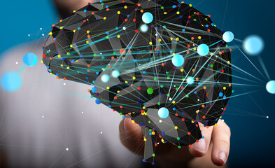 Poster - 3D digital brain model with network connections.  AI, technology, innovation concept.