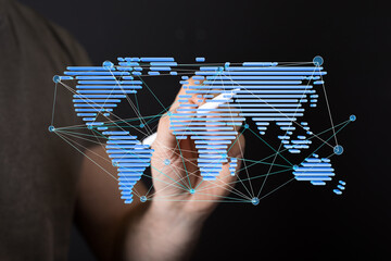 Poster - Hand interacts with a digital world map, illustrating global connectivity and networking.