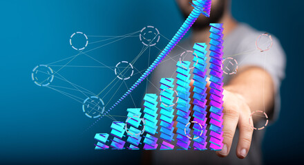 Poster - Stock photo of a person interacting with a 3D bar graph showing upward growth, data analysis, business success.