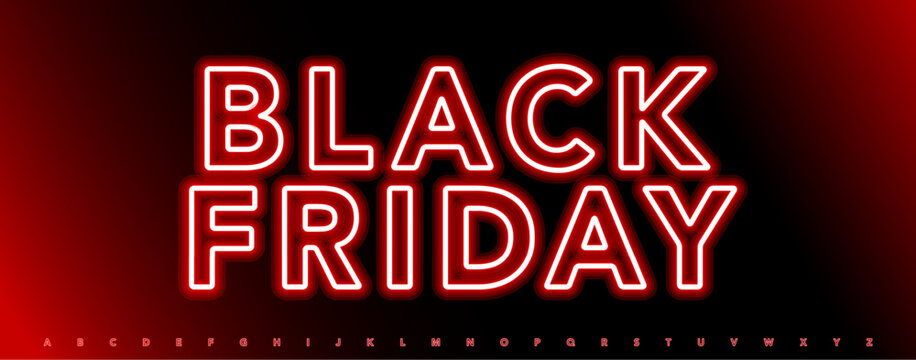 Red neon alphabet glowing outline electric font. Luminous glow typeface for Black Friday promo, discount banners, e-commerce ads, nightlife posters and modern marketing visual. Vector typeset