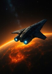 Wall Mural - Futuristic spaceship exploring fiery planet.