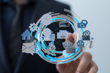 Poster - Man interacts with a digital interface showing interconnected apps and data.  Technology concept.