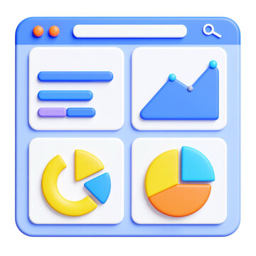 A 3D rendered illustration of a digital interface displaying various analytical charts and graphs.