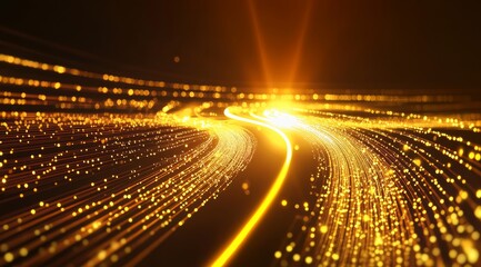 Glowing yellow light track with golden particle effects - abstract tech background for video walls and presentations