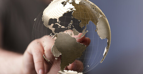 Poster - Abstract image of a hand interacting with a digital 3D model of the Earth. Represents global connectivity, technology, and networking.