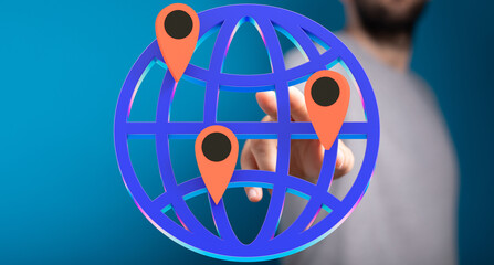 Poster - Stock photo of a digital globe with location pins, representing global reach and connectivity.