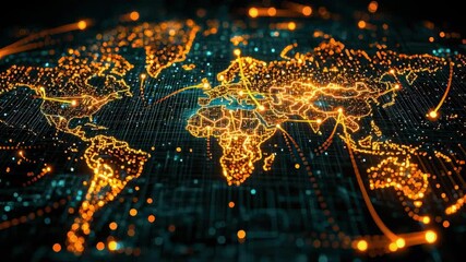 Poster - Futuristic Digital World Map with Glowing Connections and Data Points Across Continents