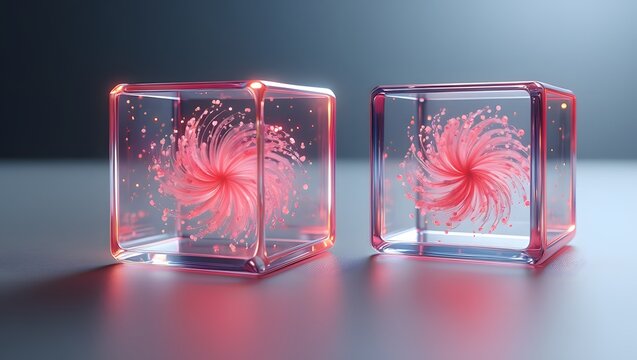 Abstract pink flower in clear cube glass box design rendering for desktop background