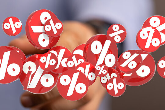 3D rendered image of red percentage symbols floating towards a hand, perfect for discount and sale promotions.