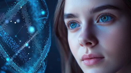 Poster - Profile of a Young Woman with Blue Eyes Gazing at a Futuristic Digital Sphere of Light