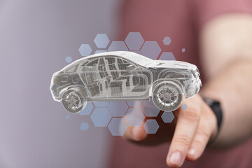 Poster - Futuristic car design concept.  Innovative technology in automotive industry. 3D model visualization.