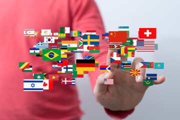Poster - Person interacting with a digital network of world flags, symbolizing global connections and communication.
