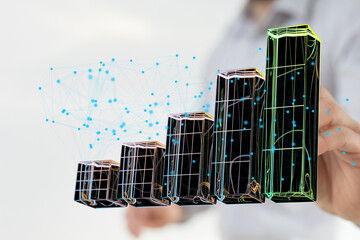 Poster - Stock photo of upward trending bar graph.  Visual representation of business growth and data analysis.