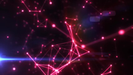 Poster - Glowing pink digital mesh of interconnected points on dark background with futuristic design elements and light flares