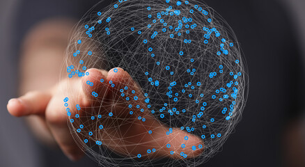 Poster - Abstract image of a hand interacting with a digital sphere representing global network connections.