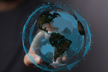 Poster - Person interacting with a digital globe, showcasing global connectivity and networking.