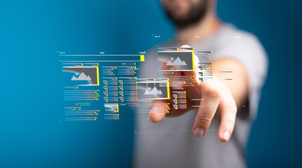 Poster - Person using futuristic touchscreen technology, digital image interface, web design concept.