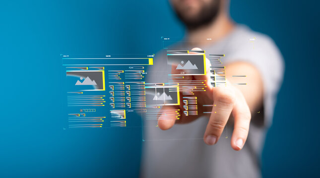 Person using futuristic touchscreen technology, digital image interface, web design concept.