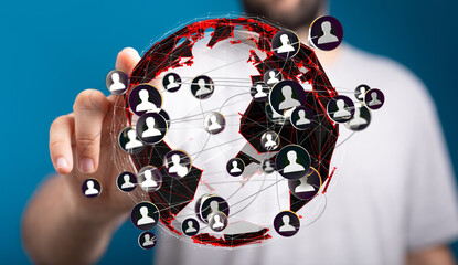 Poster - Image of a person interacting with a digital globe representing global networking and social media connections.