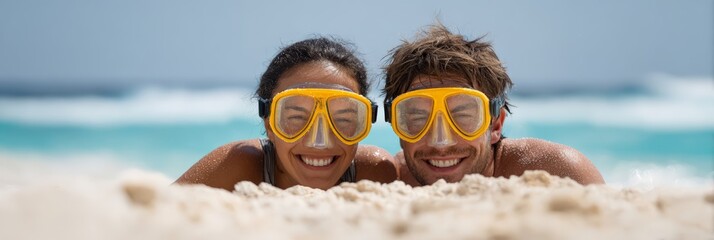 Poster - Happy couple wearing yellow snorkeling masks lying on the sand at the beach, smiling, enjoying their summer vacation in a tropical destination