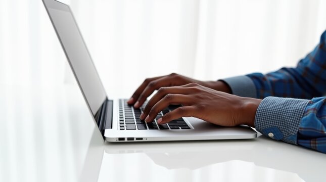 Digital art showing hands dynamically typing on a centrally placed sleek laptop, with bright soft lighting and white minimalist background.