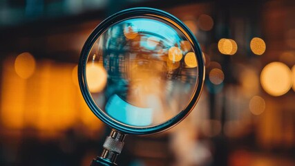 Poster - Magnifying Glass Focus on Bright Bokeh Lights in a Cozy Urban Setting with Warm Atmosphere