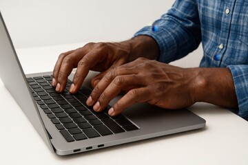 Fototapete - Digital art showing hands dynamically typing on a centrally placed sleek laptop, with bright soft lighting and white minimalist background.
