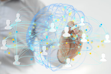 Poster - Image of a hand drawing a network of interconnected people, representing global communication and collaboration.