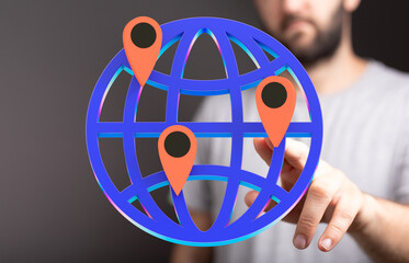 Poster - Illustrative image of global network and location pins, representing worldwide connectivity and global reach.