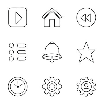 Minimal outline icon set for mobile app interface isolated on white background