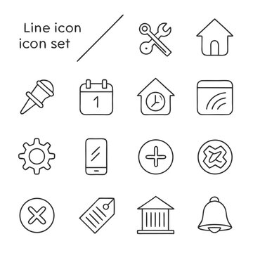 Minimal outline icon set for mobile app interface isolated on white background