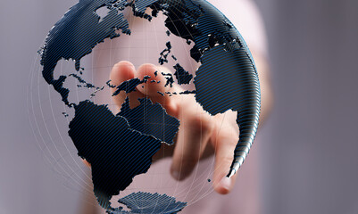 Poster - Abstract image of a hand interacting with a 3D model of Earth, symbolizing global connectivity and networking.