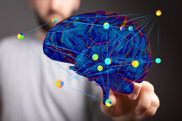 Poster - 3D brain model with colorful nodes and connections.  Concept of neural network, AI, and data.