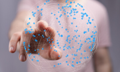 Poster - Person's hand interacts with a digital sphere, visualizing global network connections and data flow.