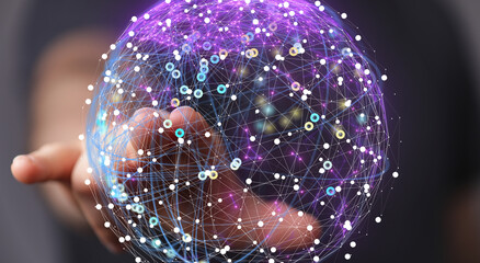 Poster - Hand holding a digital globe, representing connection, network, technology, and data.