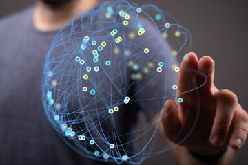 Poster - Abstract image of a person interacting with a digital network.  Perfect for tech, data, and connection themes.