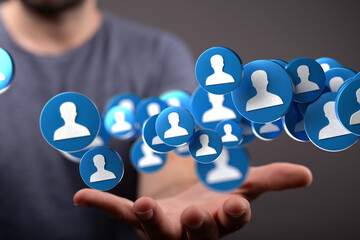 Poster - Image of person connecting with others online. Networking, social media, community.