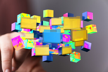 Poster - Abstract image of colorful data cubes representing digital transformation and data management.