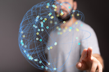 Poster - Abstract image of a man interacting with a digital global network. Represents connectivity, data, technology.