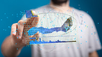 Poster - Person interacting with a holographic chart.  Data analysis, business intelligence, technology concept.